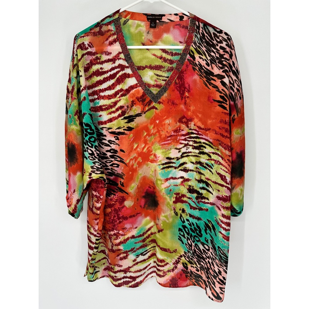 Dana Buchman Women's Size L V-Neck Beaded Tunic Top Multi Color Animal Print